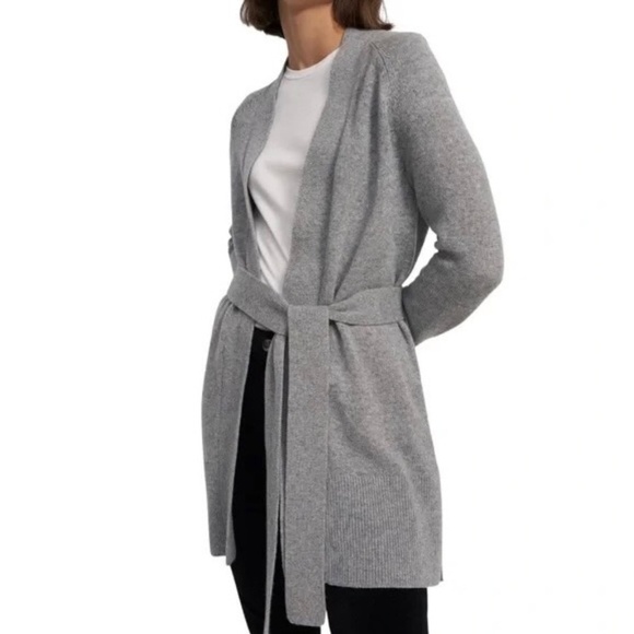 THEORY Cashmere Malinka Belted Cardigan Sweater Husky Gray Knit Size P X-Small - Picture 5 of 16